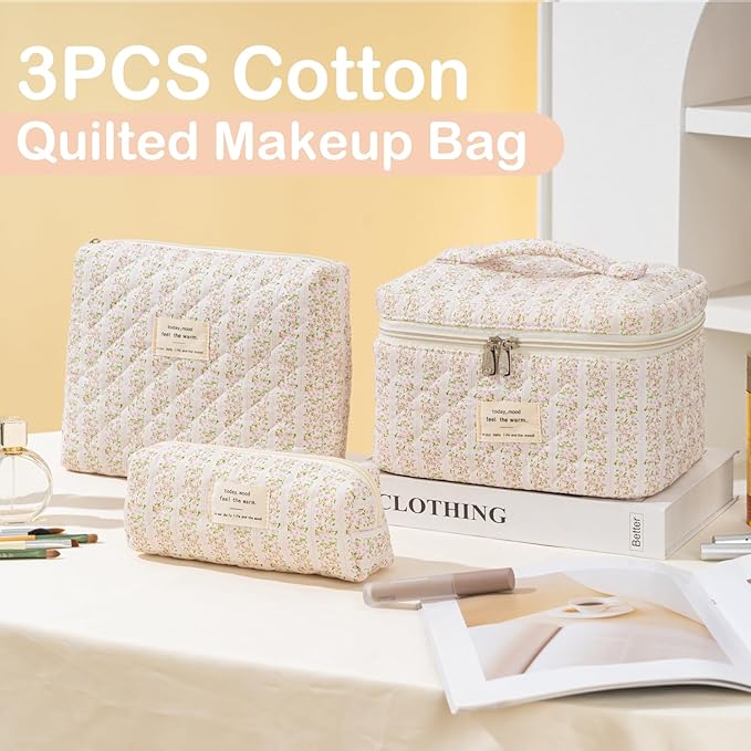 Makeup Bag for Women 3PCS Quilted Cotton Make Up Bag Travel Cosmetic Bag Large Makeup Bag Set Cute Makeups Organizer Floral Toiletry Pouch for Purse, Pink Floral C