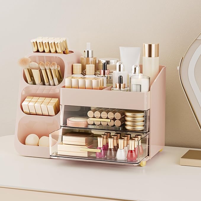 Delamu Large Makeup Organizer with Drawers, Spacious Cosmetic Display Caddy with Makeup Brush Holder, Bathroom Countertop Organizer for Vanity, Dorm, Desk, Pink