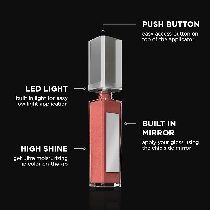 Pure Illumination Light-Up Lip Gloss with LED-Lit Applicator Brush + Side Mirror, Non-Sticky, Moisturizing Hydrating Lip Glosses with Lanolin, Jojoba Oil, & Vitamin E, Charmed