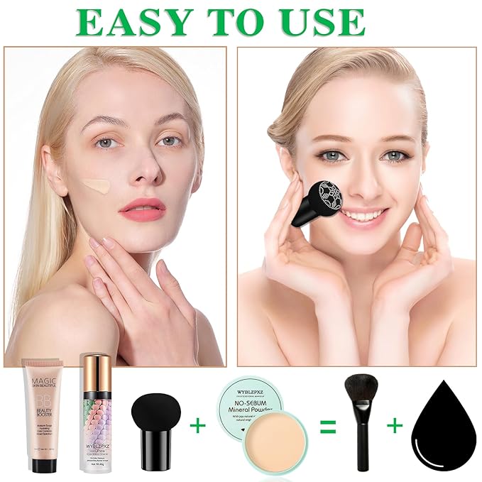 Mushroom Head Air Cushion CC Cream + BB Cream + Tri-color Color Corrector Foundation Set - Moisturizing Full Coverage Foundation Concealer Lasting Foundation Makeup Base Primer (7 Pcs)