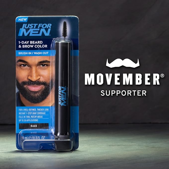 Just for Men 1-Day Beard & Brow Color, Temporary Color for Beard and Eyebrows, For a Fuller, Well-Defined Look, Up to 30 Applications, Black, Ships in Eco-Friendly Packaging (Pack of 3)