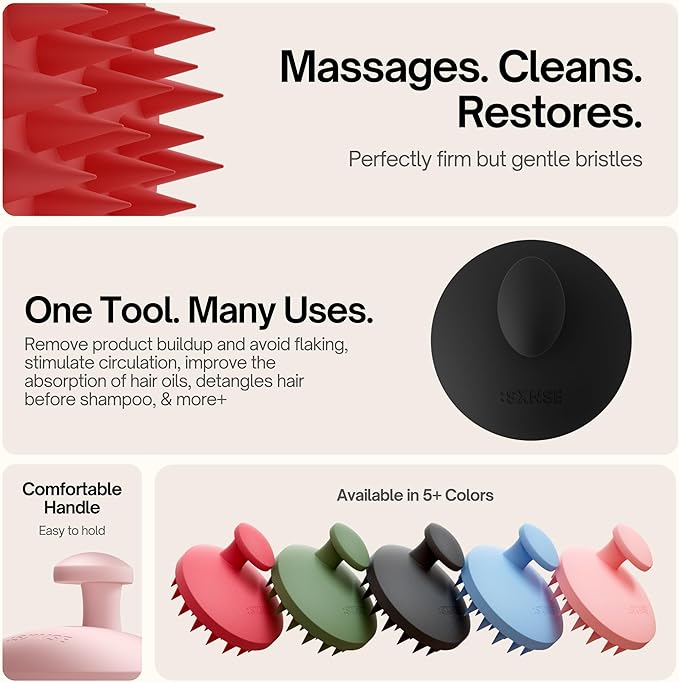 SXNSE - Revive Silicone Scalp Massager, Jet - Manual Hair & Scalp Scrubber for Dandruff, Buildup, Itch, & Hair Growth - Soft Exfoliating Silicone Bristles for Wet & Dry Hair, Flake-Free Finish