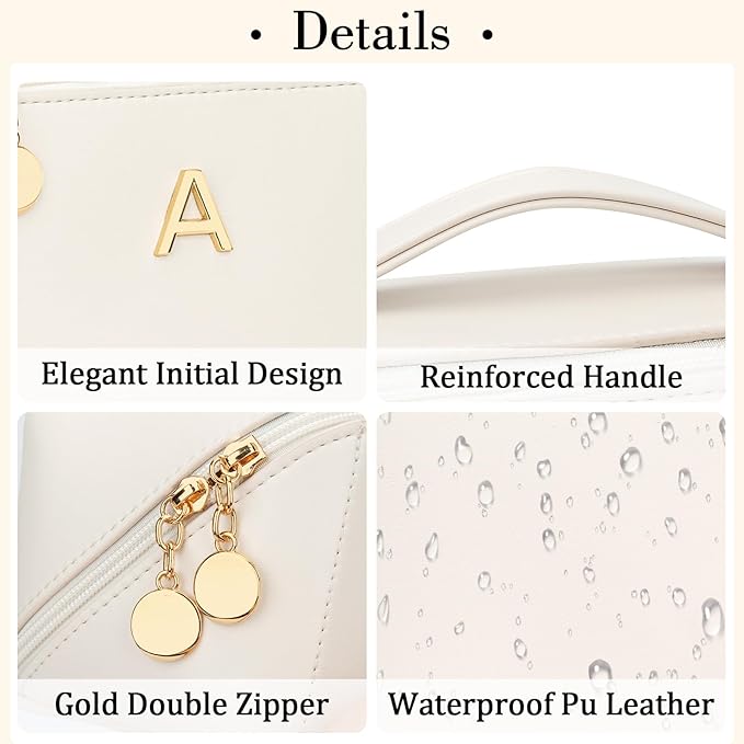 Birthday Gifts for Women Teen Girl, Personalized Initial Makeup Organizer Bag Set, Open Flat Travel Cosmetic Bag With Clear Divider and Handle(Beige,A)