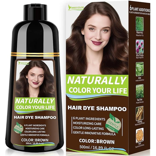 Brown Hair Dye Shampoo for Women & Men, 15 Min Gray Coverage, 3 in 1 Semi-Permanent Color with Natural Herbal Ingredients, Lasts 60 Days