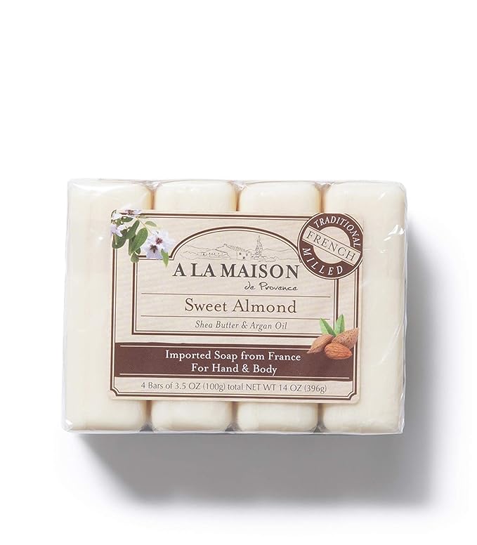 A LA MAISON Sweet Almond Bar Soap -Uses: Hand and Body, Triple Milled, Essential Oils, Biodegradable, Plant Based, Vegan, Cruelty-Free, Alcohol & Paraben Free (8 Bars of Soap, 3.5 oz)
