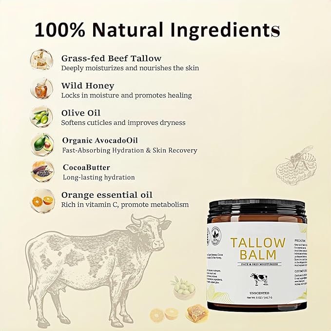 Beef Tallow for Skin, Tallow and Honey Balm, 5 Oz,Tallow Face Moisturizer, Organic Grass Fed Beef Tallow for Face - Sensitive Dry Skin Repair, Deeply Nourishing, Fragrance Free