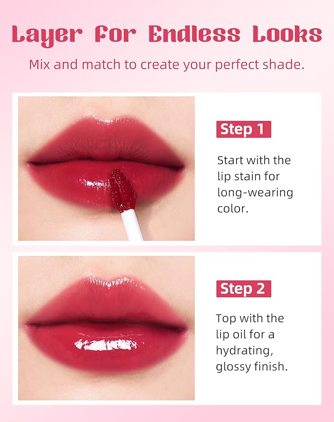 bayfree Tinted Lip Oil & Lip Stain Set, Korean Makeup, Smudge-Proof,Long-Wearing, 2-in-1 Cheek and Lip Tint with Moisturizing, High-Shine, Lightweight & Non-Sticky for Dry Lips, Cruelty-Free & Vegan