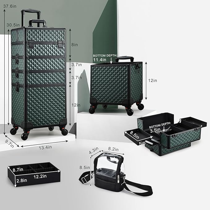 Stagiant Rolling Makeup Case 4 in 1 Cosmetology Case on Wheels Makeup Travel Case with Cosmetic Bag Key Swivel Wheels Salon Barber Case Traveling Cart Trunk Cosmetic Trolley Green
