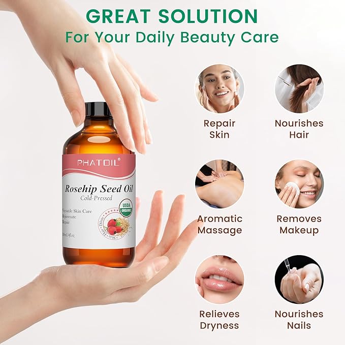PHATOIL Organic Rosehip Seed Oil for Face 4oz/118ml, USDA Certified Organic Pure and Natural Cold Pressed Base Carrier Oil, Massage Gua Sha for Face and Body, Moisturizing for Hair and All Skin Type
