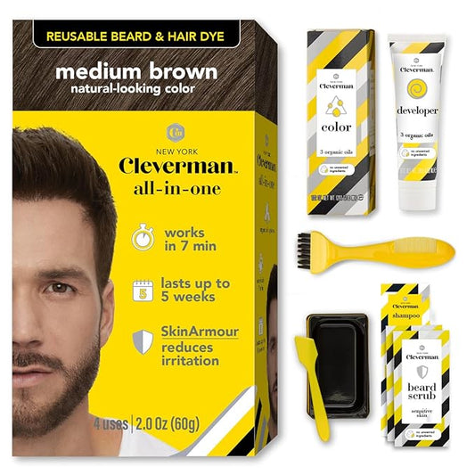 Cleverman Hair & Beard Dye Kit for Men, All-in-One Reusable Mens Hair Color, Natural Gray Coverage, Ammonia-Free Beard Mustache Dye for Men (Medium Brown)