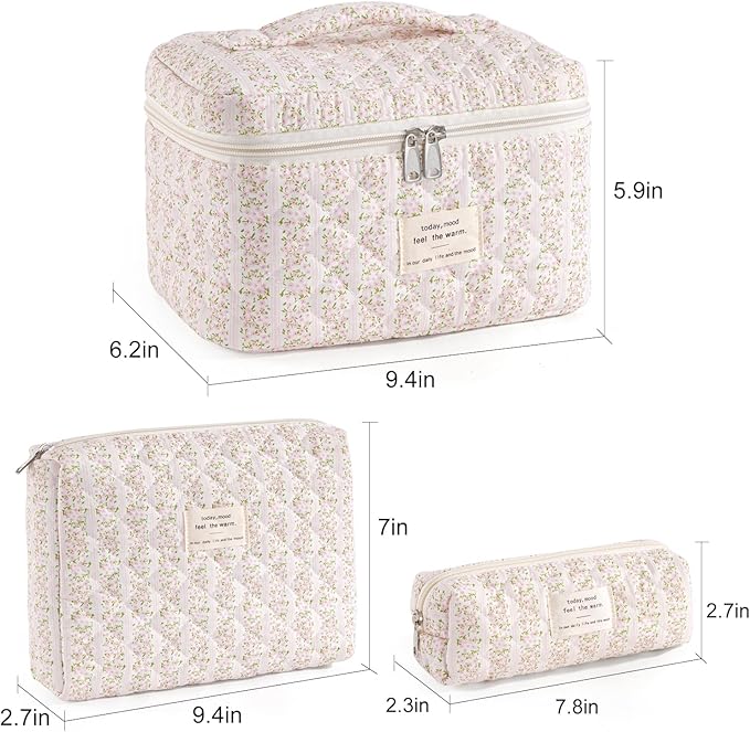 Makeup Bag for Women 3PCS Quilted Cotton Make Up Bag Travel Cosmetic Bag Large Makeup Bag Set Cute Makeups Organizer Floral Toiletry Pouch for Purse, Pink Floral C
