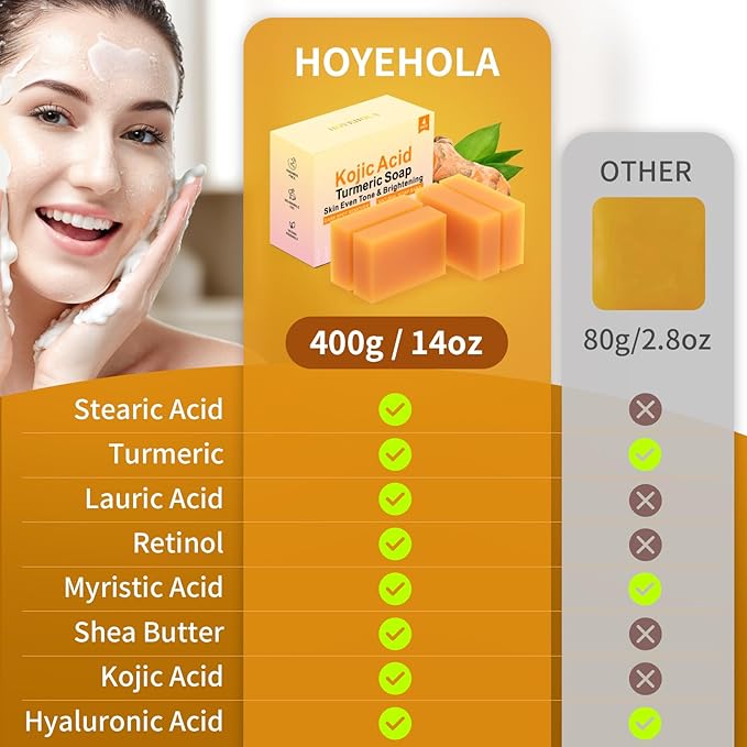 Kojic Acid Turmeric Soap Bar - Dark Spot Remover for Face Even Skin Tone, Moisturizing & Nourishing Natural Ingredients 4Packs