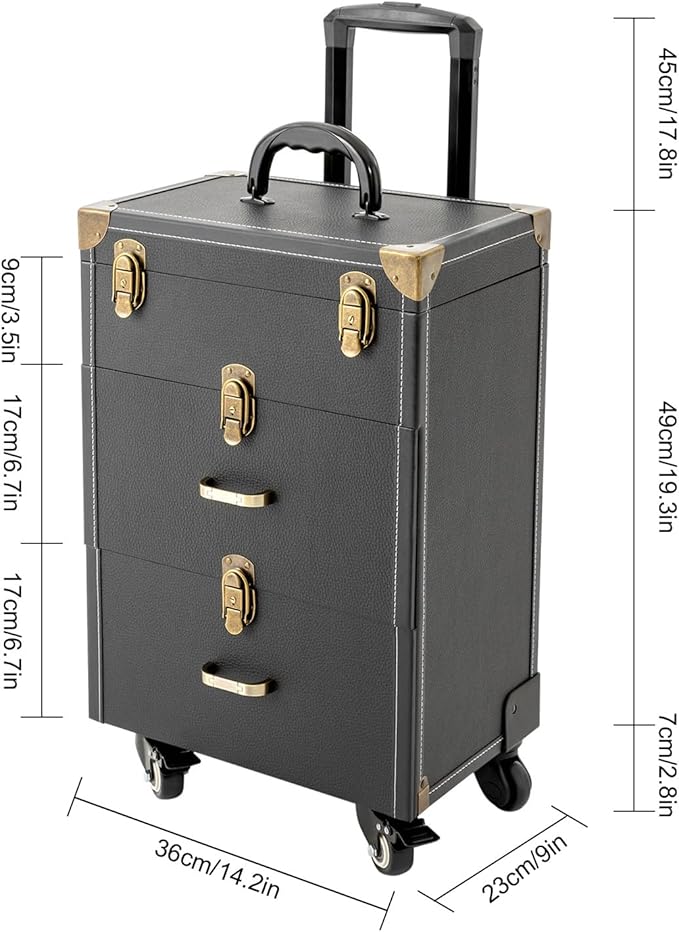 Makeup Train Case, Rolling Makeup Trolley Case, 3 Tiers Lockable Nail Polish Organizer with 2 Keys 4 Wheels (2 with Brakes) for Travel Makeup Artists Nail Technicians (Black Case, Tan Lock)