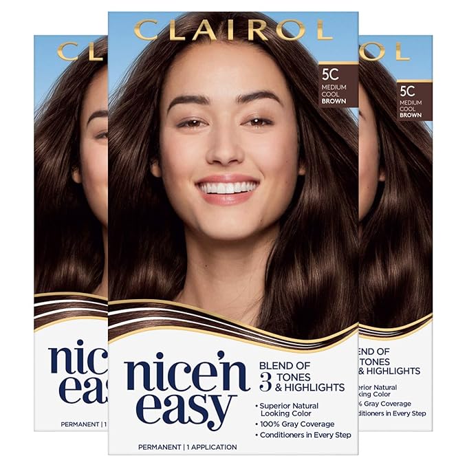 Clairol Nice 'n Easy Permanent Hair Color, 5C Medium Cool Brown, Pack of 3 Allergy Gentle Single-Step Hair Dye, Conditioners, Natural-Looking Color, Salon Highlights, Grey Coverage