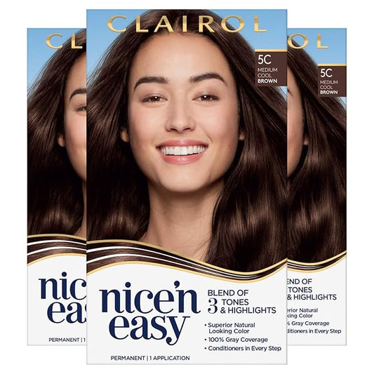 Clairol Nice 'n Easy Permanent Hair Color, 5C Medium Cool Brown, Pack of 3 Allergy Gentle Single-Step Hair Dye, Conditioners, Natural-Looking Color, Salon Highlights, Grey Coverage