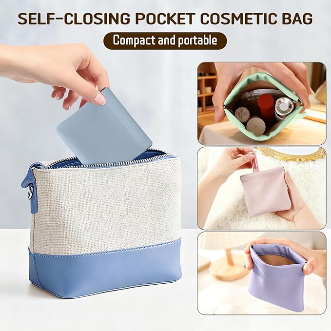 4Pcs Personalized Snap Closure Leather Organizer Pouch, Lambskin Pocket Cosmetic Bag, Portable Self-Closing Small Makeup Bag for Purse Women Mini Travel Coin Storage Pouches