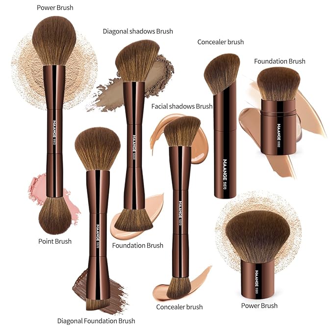 MAANGE 7pcs Makeup Brush Set Double Sided Kabuki Makeup Brushes Contour Brush for Foundation Liquid Powder Concealer Cream Cosmetics Bronzer Blending Blush Buffing Makeup Tools (Brown)