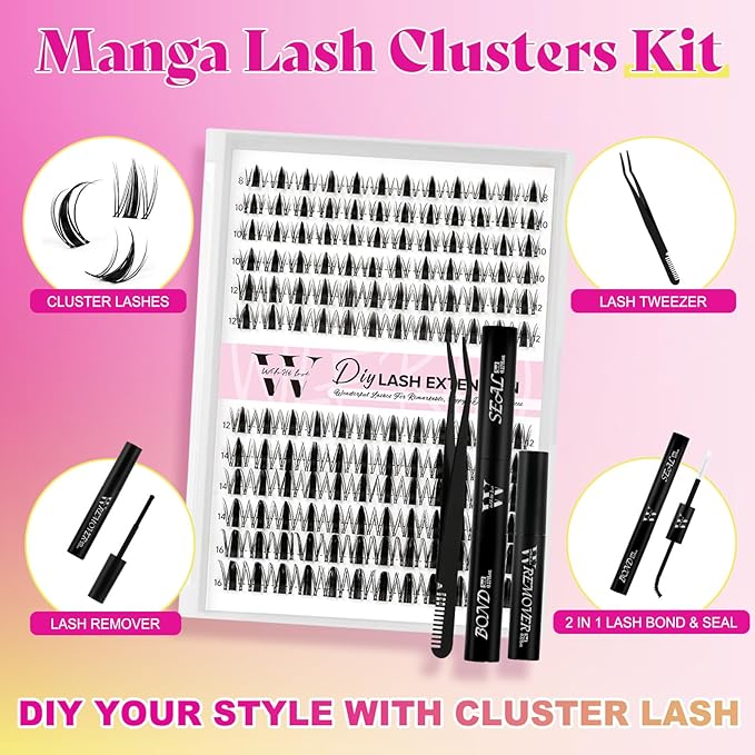 Manga Lash Clusters Kit DIY 144Pcs Fairy Eyelash Clusters Natural Lashes Kit with Anime Lash Clusters Bond and Seal, Remover and Tweezers for Invisible Band Eyelash Extensions Kit(D-Mix8-16mm)