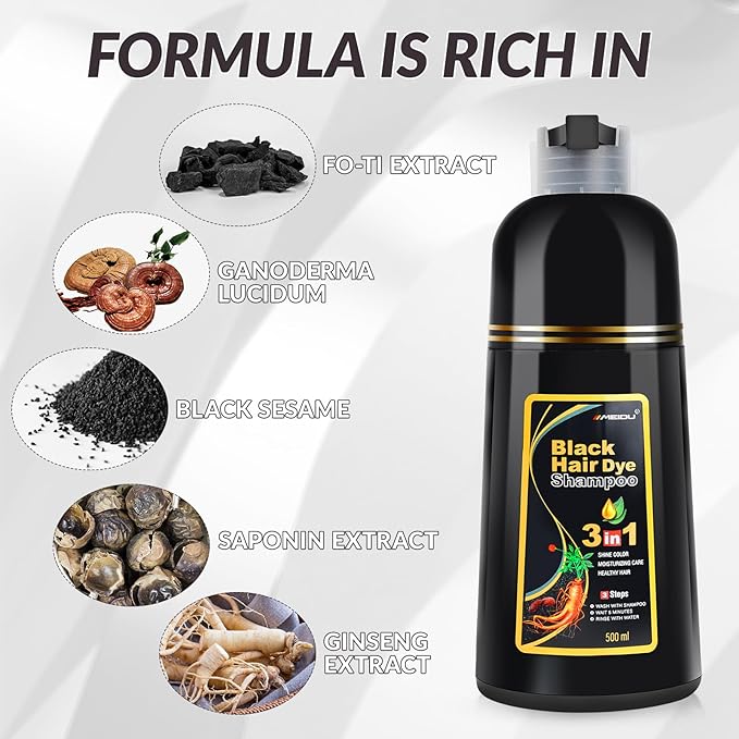 MEIDU Shampoo Shop Black Hair Dye Shampoo 3 in 1 for Gray Hair, Black Hair Dye for Women Men, Hair Color Herbal Ingredients Natural (500ml,16.9oz)