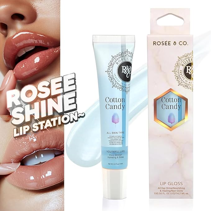 Rosee Lip Gloss Vegan & Cruelty Free Treatment, Professional Make up, Long Lasting Glossy with Shea Butter, Moisturize, Protect & Smooth, High Shine, Non-Sticky (n.Cotton Candy, 0.5)