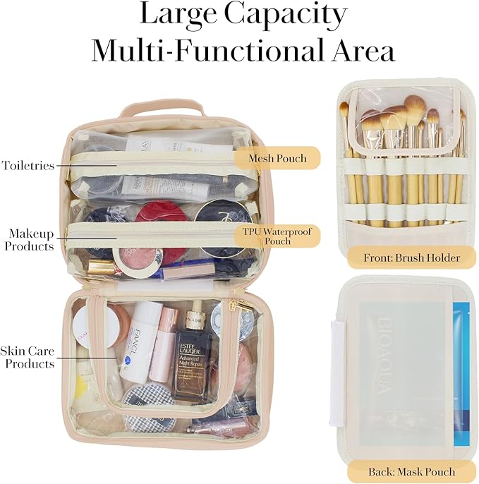 Travel Makeup Bag Large Capacity Cosmetic Organizer Waterproof Leather Toiletry Bag with Brush Holder and Handle Portable Cosmetic Storage Bag for Women Girls Gift - Pink
