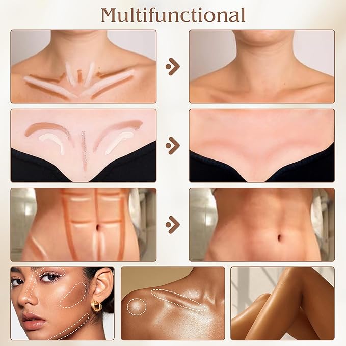 Contour Highlighter Stick，2in1 Dual-Ended Cream Bronzer&Highlighter Sticks for Face Body Contouring Makeup- Buildable，Waterproof, Easy to Apply Suitable for Beginners，05Nuetral Nude+Silver Shimmer