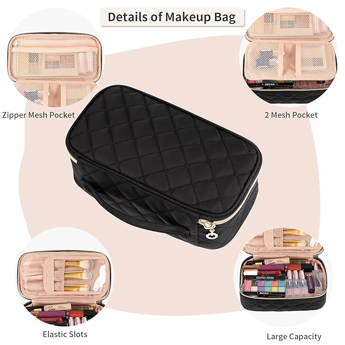 OCHEAL Makeup Bag with Brush Compartment - Small Travel Cosmetic Organizer for Women, Portable Makeup Brush Pouch with Dividers, Cute Toiletry Bag for Girls -Black