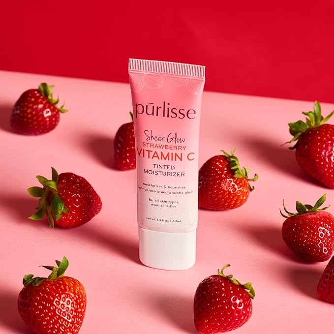 pürlisse Sheer Glow Strawberry Vitamin C Tinted Moisturizer - Skin Tint Moisturizer Enriched with Antioxidants to Even Complexion - Dewy Light Coverage for All Skin Types - Tan (1.4 oz)