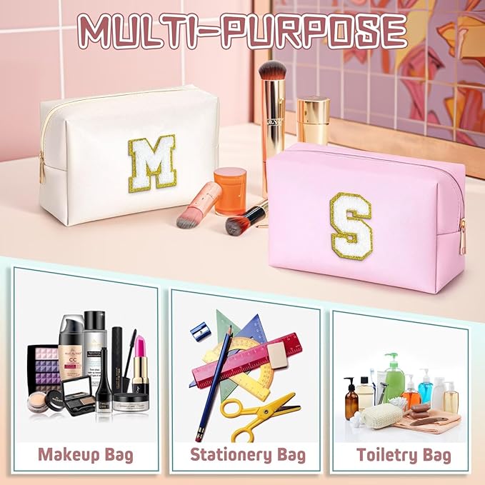 TOPEAST Travel Makeup Bag, Personalized Initial Toiletry Bag w Zipper, Cute Makeup Pouch, PU Leather Waterproof Cosmetic Bag, Birthday Gift for Daughter, Preppy Things for Girls (White G)