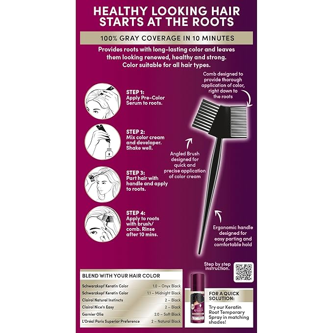 Schwarzkopf Keratin Root Permanent Hair Color Kit, 1.0 Black, 1-Application Root Touch-Up with Collagen & Vitamin B6, Complete Gray Coverage, Precision Brush, All Hair Types & Textures
