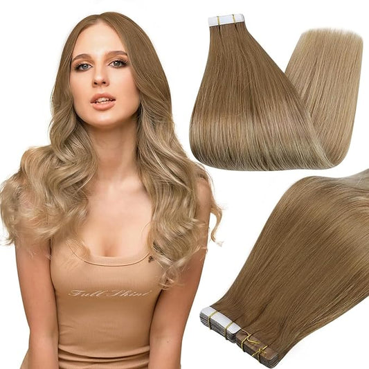 Full Shine 16Inch Tape in Hair Extensions Seamless Straight Tape in Extensions Ombre Human Hair Extensions 50G 20Pcs Color 10 Golden Brown to 14 Dark Blonde Real Remy Human Hair Extension for Wedding