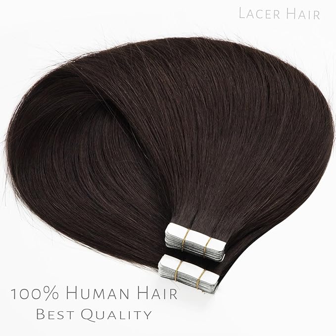Lacer Tape in Extensions Real Human Hair Darkest Brown Invisible Skin Weft Straight Human Hair Tape in Extensions 14 Inch 100 Gram Per Package 40 Pcs