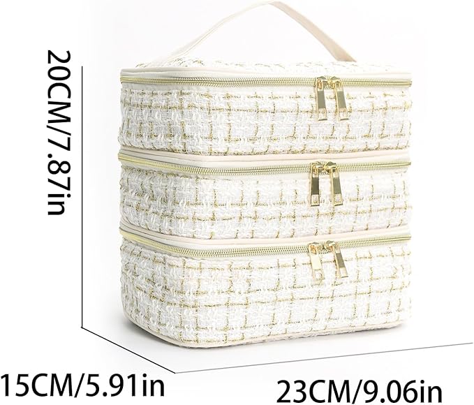 Travel Makeup Bag for Women Three Layer Large Cosmetic Case Water-resistant Toiletry Bag Organizer for Store Toiletries Cosmetic Accessories and Manicure Sets Gold White