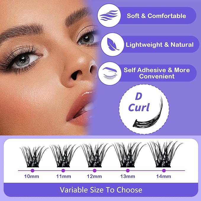 Self Adhesive Eyelashes 40Pcs Press on Lashes Pre-Glued Reusable Natural Self Adhesive Cluster No Glue No Remover DIY Lash Clusters Kit (10-14MM)