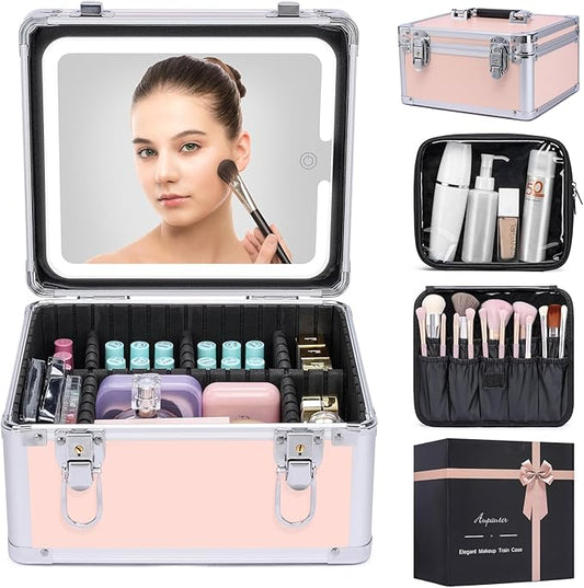 Makeup Box with Led Mirror,Travel Train Hard Case with Rechargeable Lighted Mirror Adjustable Dividers,Cosmetic Organizer Storage Bag for Makeup Artists,Appropriate Gift for Women and Girls,Pink