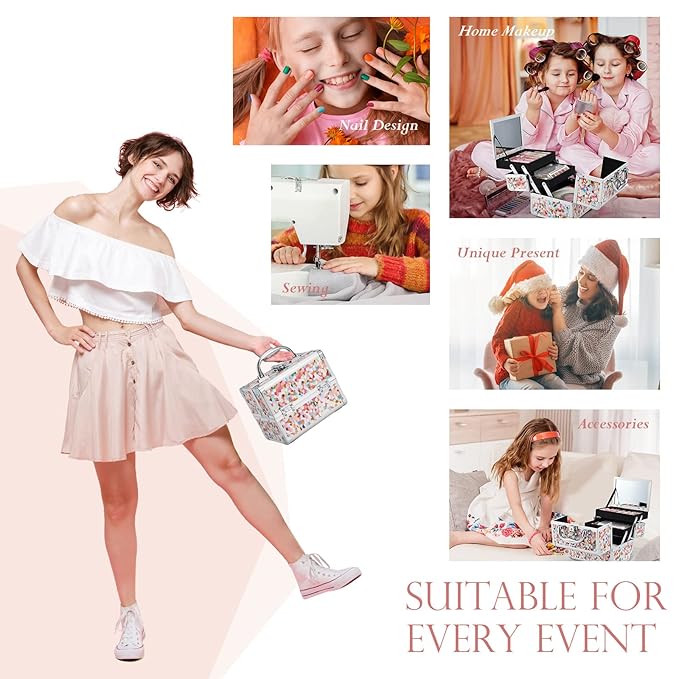 Joligrace Makeup Train Case for Girls Cosmetic Box Kids Jewelry Organizer Hair Accessories Mosaic Orange