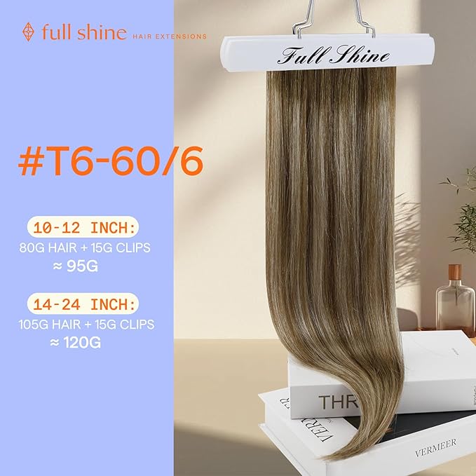 Full Shine Balayage Hair Extensions 22 Inch Real Human Hair Clip ins Chestnut Brown to Brown Mix Blonde Remy Clip in Hair Extensions Invisible Human Hair Natural Blend Clip in Extensions