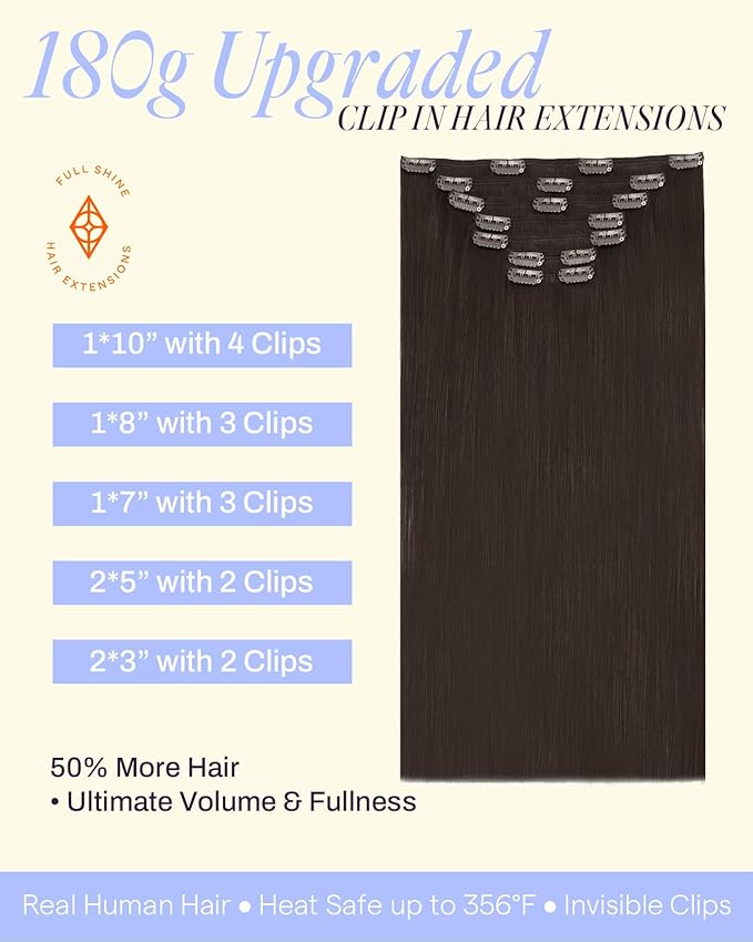 Full Shine Brown Hair Extensions Clip ins 180 G 28 Inch Dark Brown Clip in Hair Extensions Real Human Hair for Length for Prom 7 Pcs