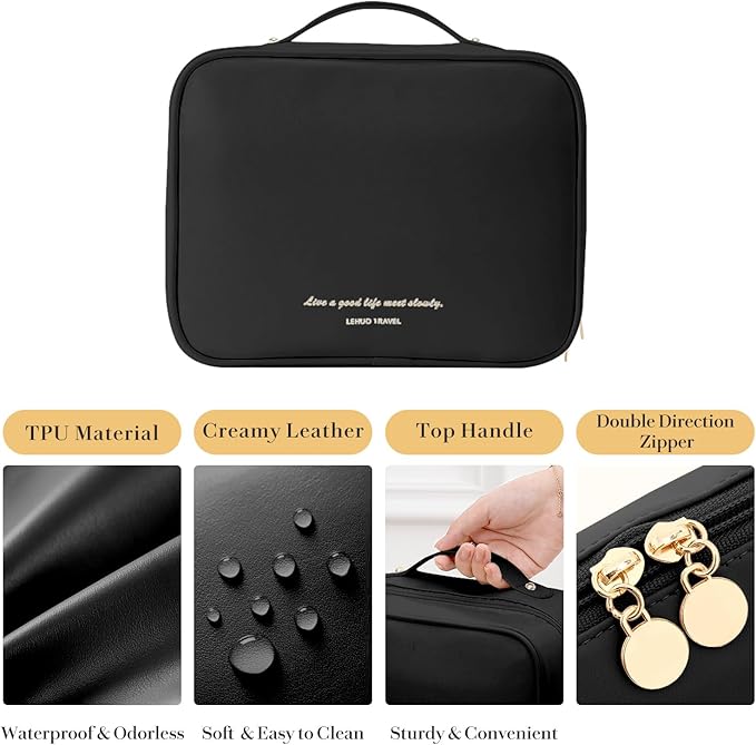 Travel Makeup Bag Large Capacity Cosmetic Organizer Waterproof Leather Toiletry Bag with Brush Holder and Handle Portable Cosmetic Storage Bag for Women Girls Gift - Black