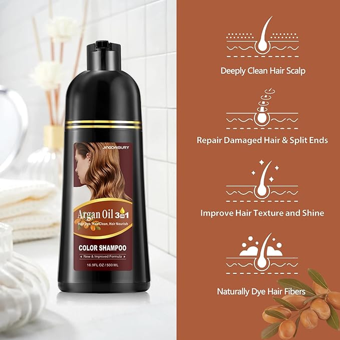 Dark Wine Red Hair Coloring Shampoo with Argan Oil for Gray Hair - Burgundy Dye for Men & Women, 3-in-1 Formula, Easy to Use, 16.9 Fl Oz