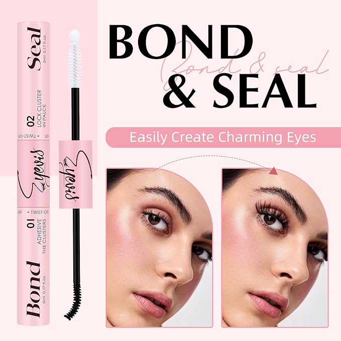 Lash Bond and Seal 10ML Waterproof Lash Cluster Glue Lash Seal 2-in-1 Lash Glue for Eyelash Clusters Long-Lasting for DIY Lash Extensions at Home(Black Bond and Clear Seal,10ML)