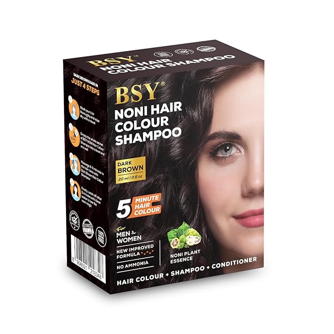 BSY Noni Dark Brown Hair Color Shampoo | Anti Hair Fall | 100% Ammonia-Free | Noni Fruit-Based 5-Minute Hair Color | Natural Shine & Conditioning | 20ml x 6 Packs