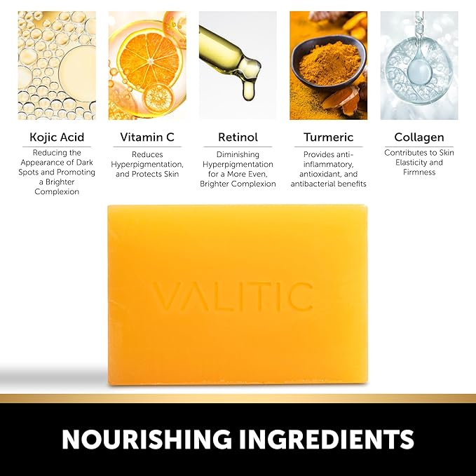 VALITIC Kojic Acid Dark Spot Remover Soap with Turmeric, Vitamin C, Retinol - Original Japanese Complex with Hyaluronic Acid, Vitamin E, Shea Butter, Castile Olive Oil - 2 Pack and African Net Sponge