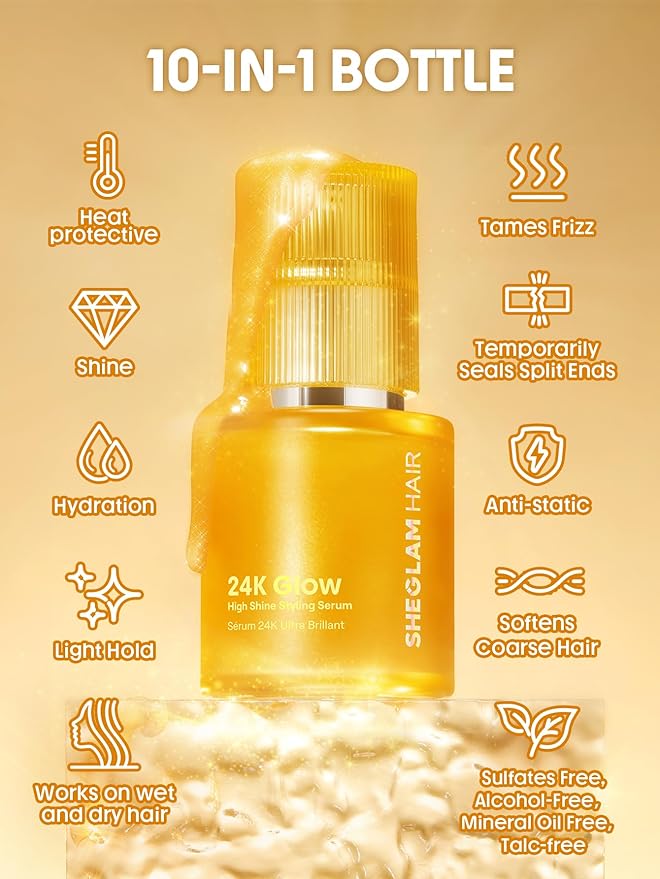 SHEGLAM HAIR 24K Glow High Shine Styling Serum 1.69 Fl Oz, 10 IN 1Hair Care Daily Essential Serum,Soften Hair With Almond Oil & Macadamia Oil For Hair Reduces Frizz And Damage,Adds Shine