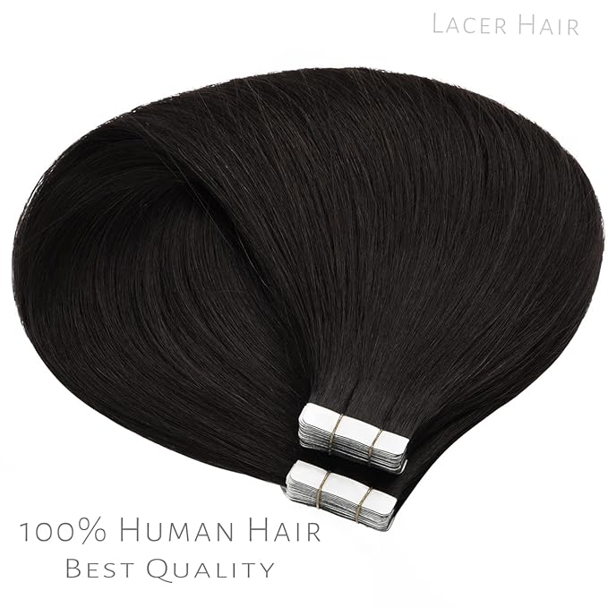 Lacerhair Seamless Remy Tape in Human Hair Extensions - Natural Black PU Skin Weft 100% Human Hair Tape in Extensions, Double Side Weft 16 inch 50g 20pcs/set