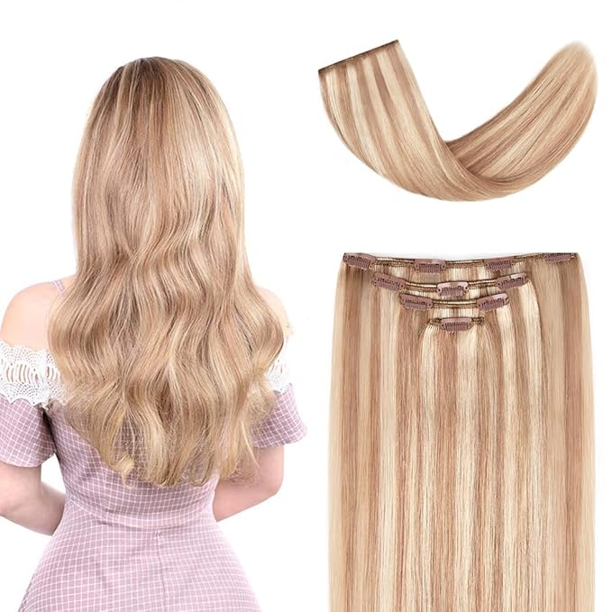 12" Clip in Hair Extensions Remy Human Hair for Women - Silky Straight Human Hair Clip in Extensions 50grams 4pieces #18-613 Color
