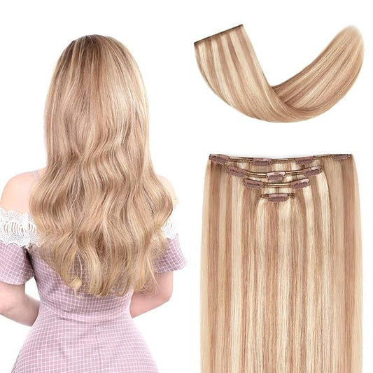 12" Clip in Hair Extensions Remy Human Hair for Women - Silky Straight Human Hair Clip in Extensions 50grams 4pieces #18-613 Color