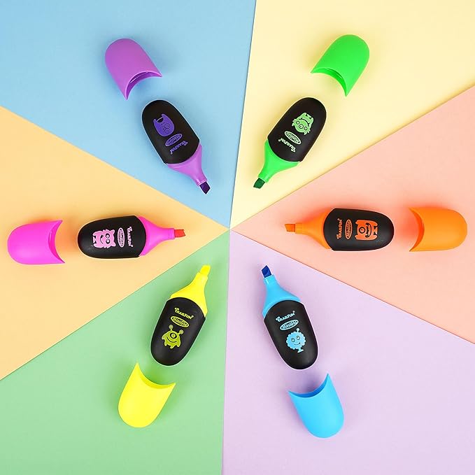 Pastel Highlighters Assorted Colors, Soft Chisel Tip Highlighter Marker Pens Smooth Writing No Bleed, Cute Markers Monster Design for Journaling Drawing, 6 Count– Back to School Supplies