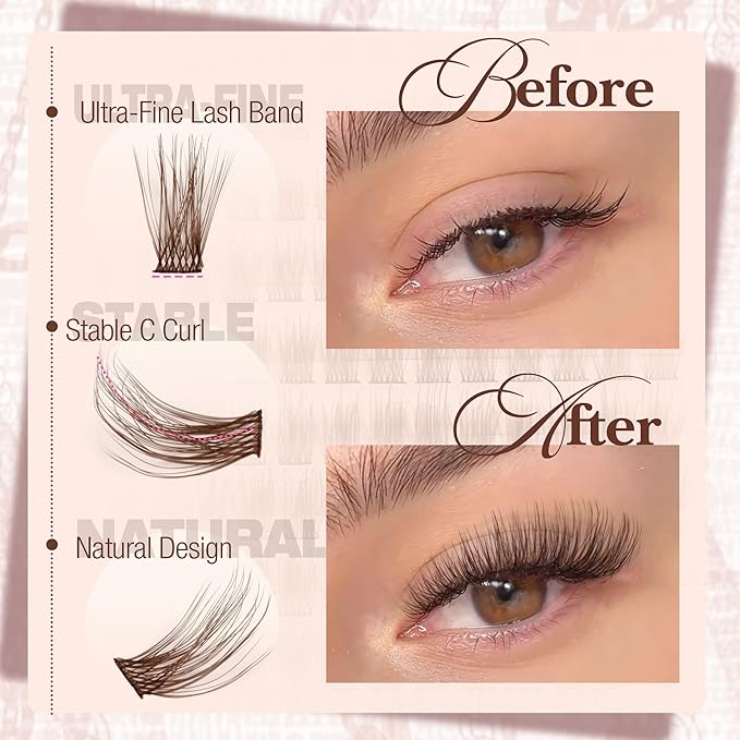Brown Lash Clusters Kit Natural Eyelash Extension Kit Gently Fluffy Lashes Extensions C-Curly Dark Brown Cluster Lashes with Lash Bond and Seal Clear and Tweezers Daily DIY Lash Kit (154PCS, 8-16MM)