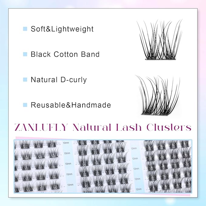 Lash Clusters Natural Eyelash Clusters D-Curly Cluster Lashes zanlufly Wispy Individual Lashes Cluster Eyelash Extension 10 12 14MM DIY Lash Extension